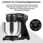 KLAMER Küchenmaschine 1800 W mit 6 L Edelstahlschüssel, geeignet zum Kneten von Brotteig – Bild 6