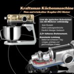 Kraftsman Küchenmaschine mit 5 L Schüssel, 8 Stufen, Timer, Metallgehäuse und 4 Edelstahl-Aufsätzen, Schwarz – Bild 6