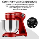 KLAMER Küchenmaschine 1800 W mit 6 L Edelstahlschüssel, geeignet zum Kneten von Brotteig – Bild 6