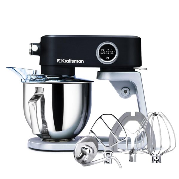 Kraftsman Küchenmaschine mit 5 L Schüssel, 8 Stufen, Timer, Metallgehäuse und 4 Edelstahl-Aufsätzen, Schwarz